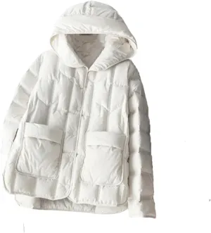 Winter Women White Duck Down Coat Female Stand Collar Single-Breasted Puffer Jacket Casual Loose Hooded Parkas
