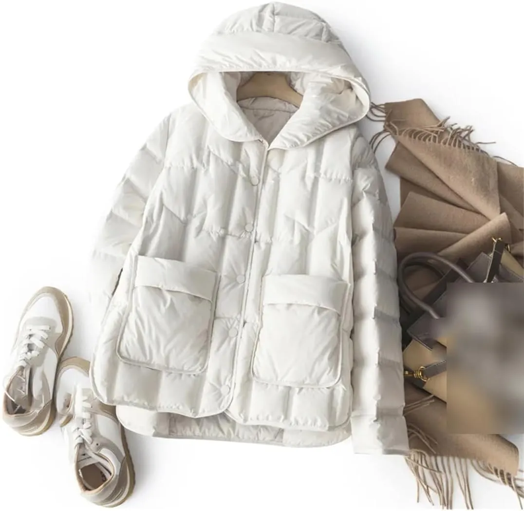 Winter Women White Duck Down Coat Female Stand Collar Single-Breasted Puffer Jacket Casual Loose Hooded Parkas