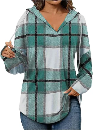 Women 2024 Plaid Hoodies Long Sleeve Drawstring Pullover Hooded Sweatshirts Loose Fit Blouses Tops Fashion Clothes