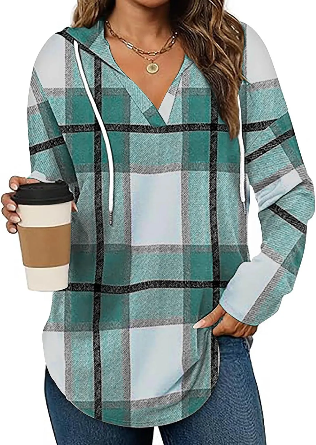 Women 2024 Plaid Hoodies Long Sleeve Drawstring Pullover Hooded Sweatshirts Loose Fit Blouses Tops Fashion Clothes