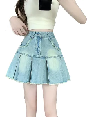 Women A-Line Denim Pleated Skirt Vintage Mini Jean Skirt