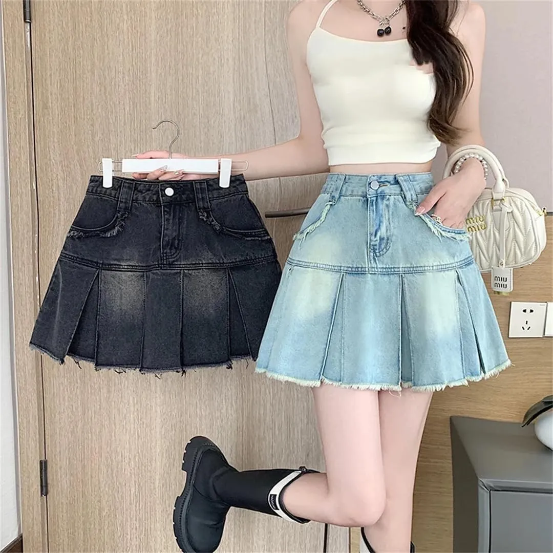 Women A-Line Denim Pleated Skirt Vintage Mini Jean Skirt