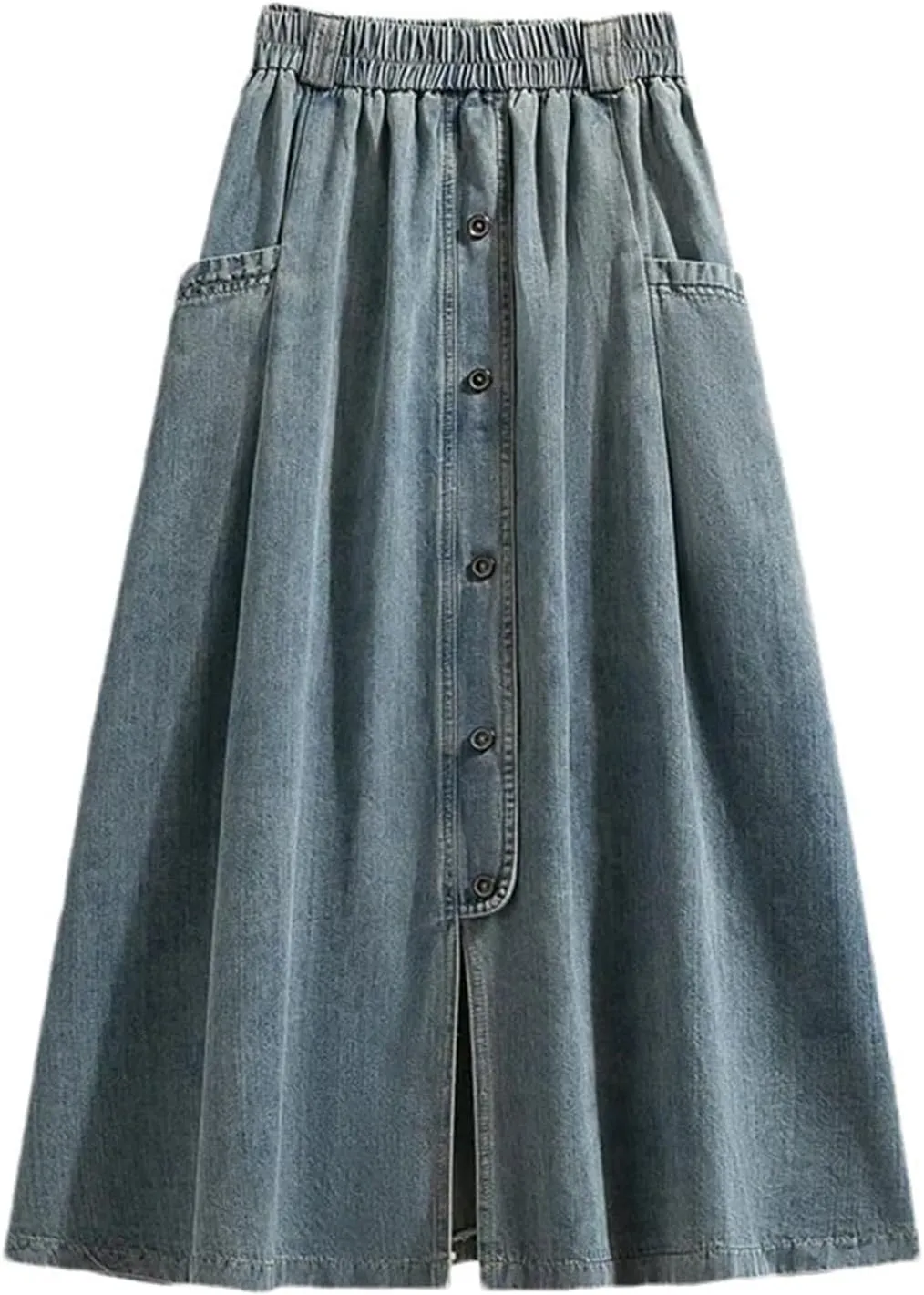 Women Button Front Denim Skirt Summer Casual High Waist A-Line Midi Jean Skirt