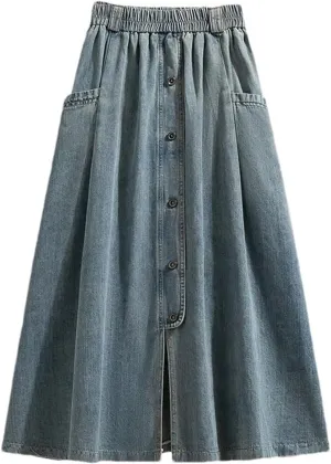 Women Button Front Denim Skirt Summer Casual High Waist A-Line Midi Jean Skirt