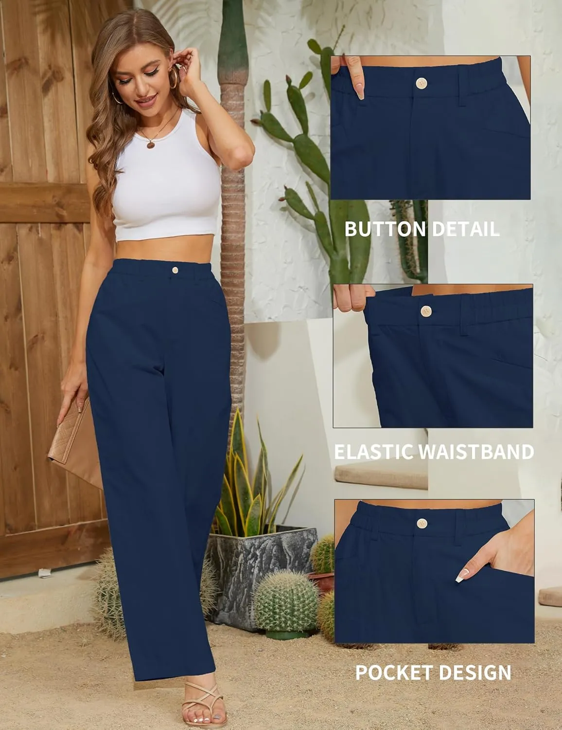 Women Casual Baggy Pants Wide Leg Elastic Waist Comfy Long Trendy Lounge Trousers with Pockets