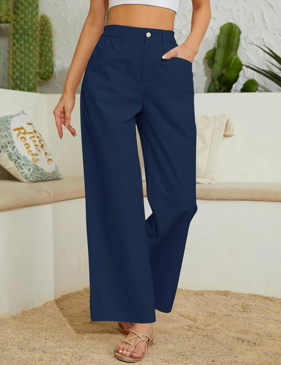 Women Casual Baggy Pants Wide Leg Elastic Waist Comfy Long Trendy Lounge Trousers with Pockets