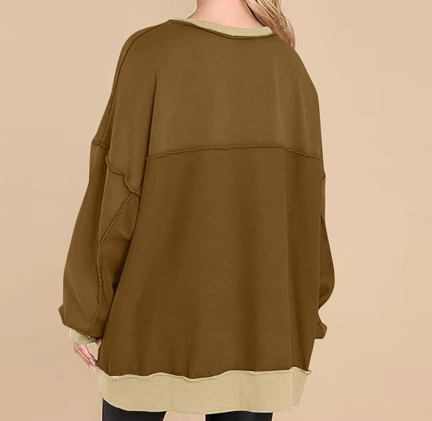 Women Fashion Oversized Long Sleeve Splicing Pullover Plain Color Tops Lightweight Sweatshirts Loose Fit Ribbed Top