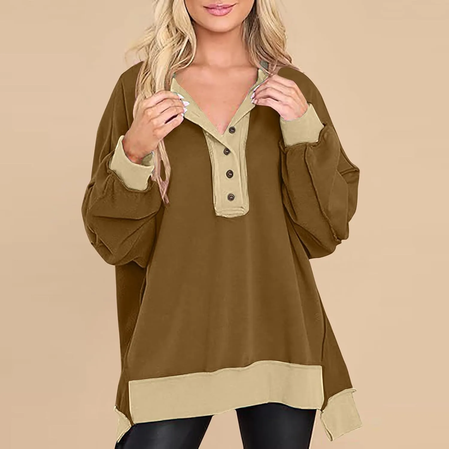 Women Fashion Oversized Long Sleeve Splicing Pullover Plain Color Tops Lightweight Sweatshirts Loose Fit Ribbed Top