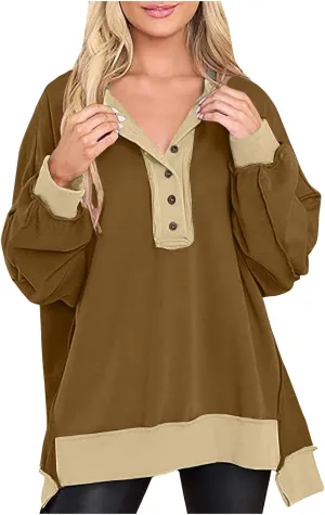 Women Fashion Oversized Long Sleeve Splicing Pullover Plain Color Tops Lightweight Sweatshirts Loose Fit Ribbed Top