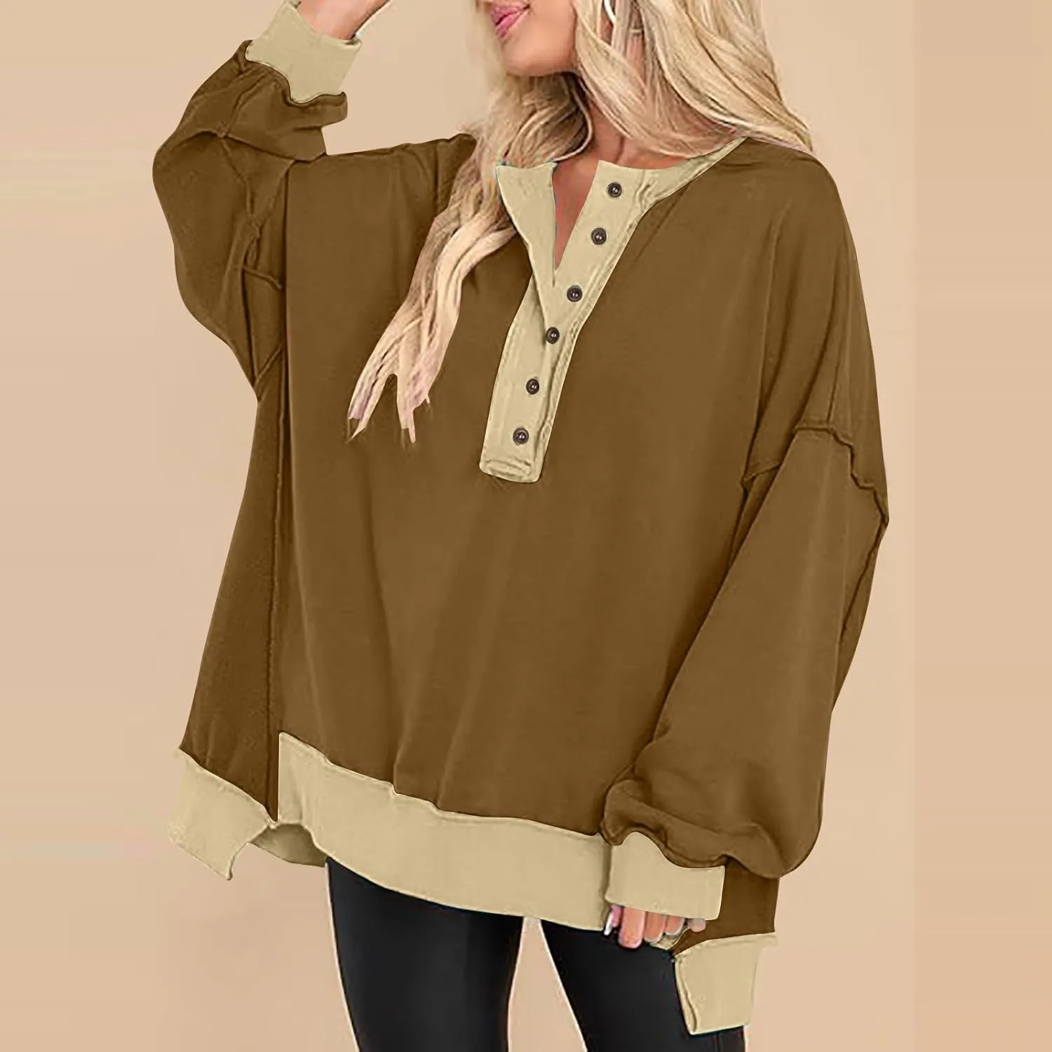 Women Fashion Oversized Long Sleeve Splicing Pullover Plain Color Tops Lightweight Sweatshirts Loose Fit Ribbed Top
