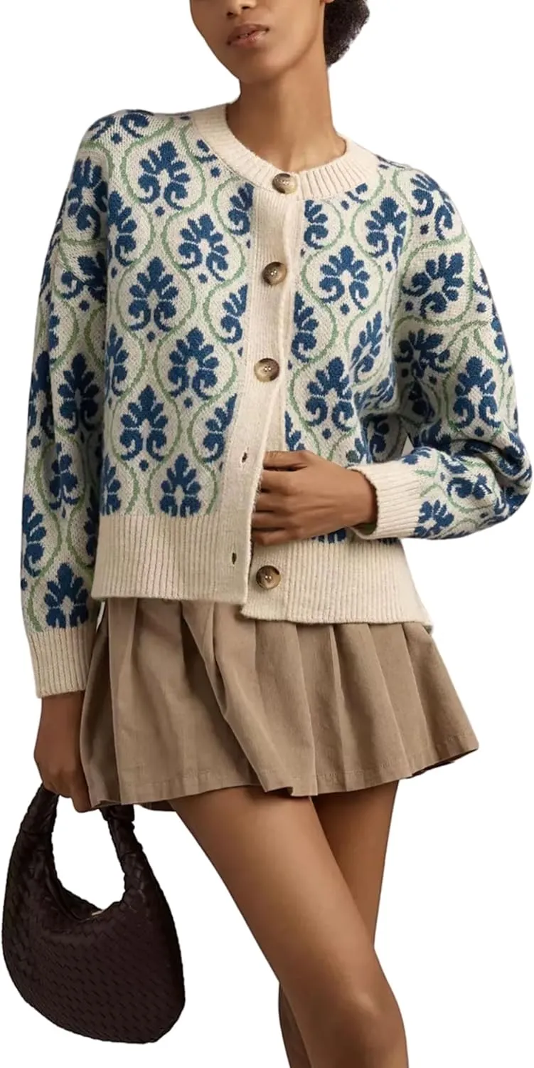 Women Floral Cardigan Sweater Open Front Long Sleeve Button Down Knit Sweater Vintage Outerwear
