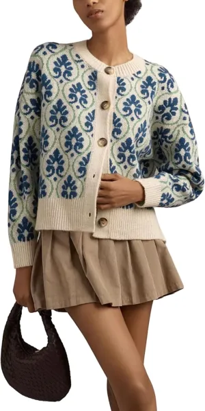 Women Floral Cardigan Sweater Open Front Long Sleeve Button Down Knit Sweater Vintage Outerwear