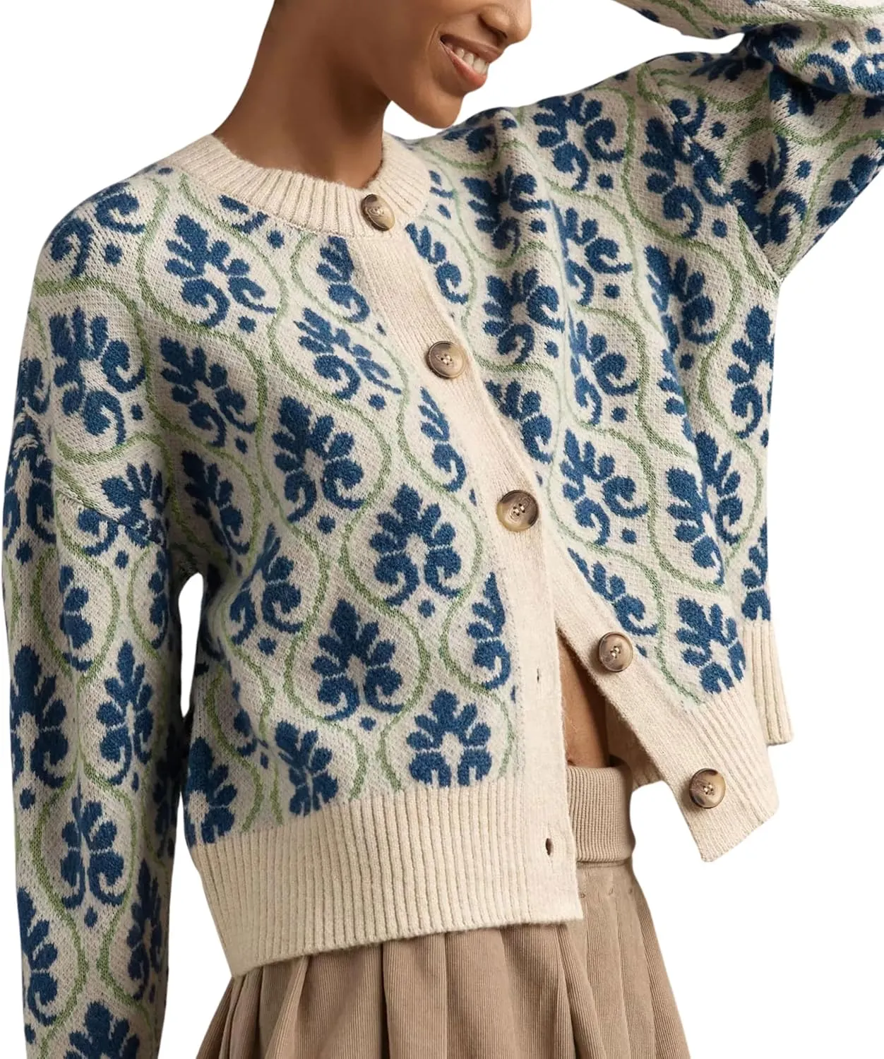 Women Floral Cardigan Sweater Open Front Long Sleeve Button Down Knit Sweater Vintage Outerwear