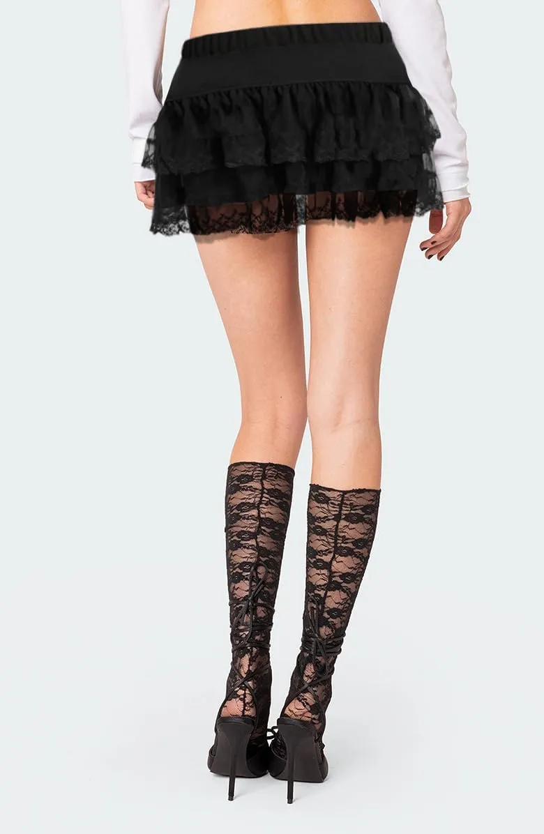 Women Floral Lace Mini Skirts Y2K Low Rise Lace Up Pleated Ruffle Layered Short Skirts Going Out Skirt