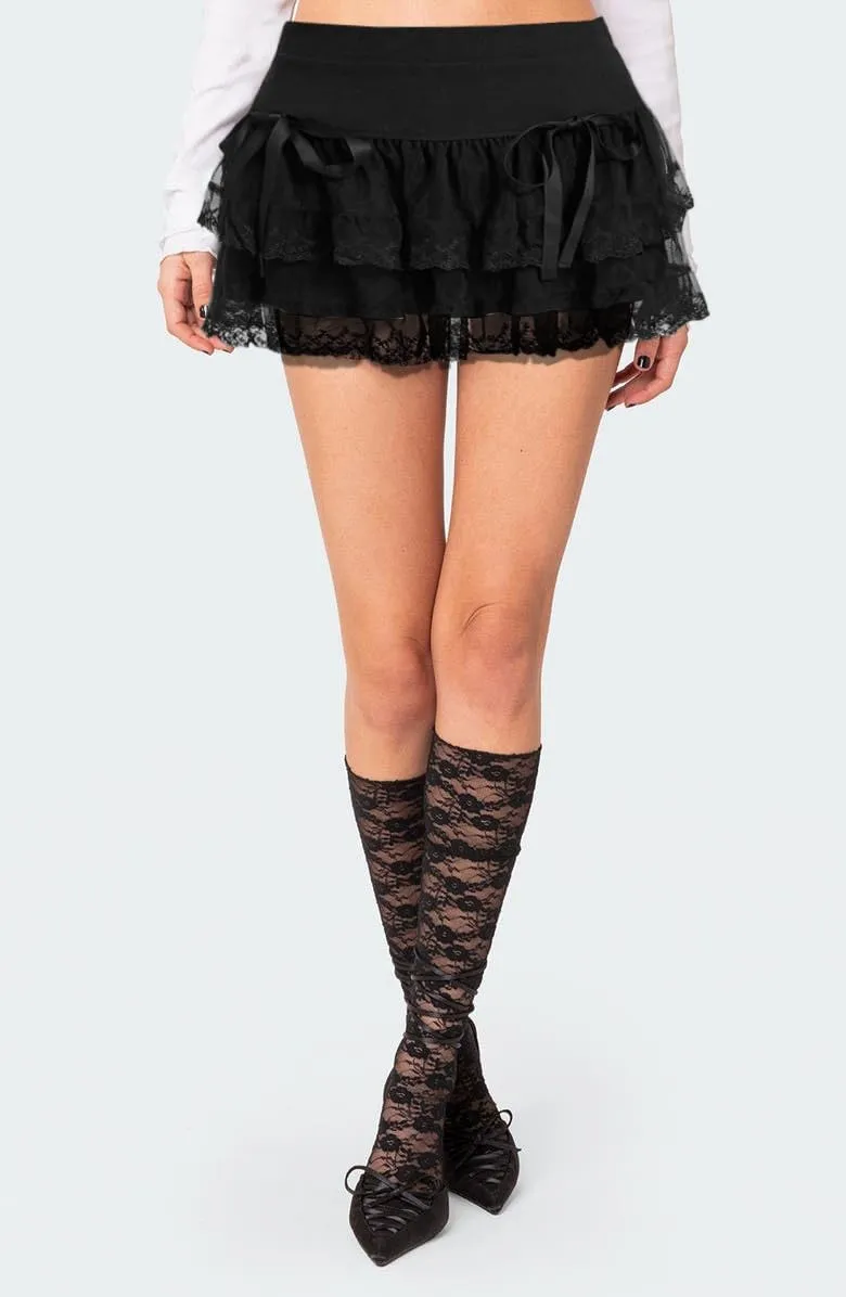 Women Floral Lace Mini Skirts Y2K Low Rise Lace Up Pleated Ruffle Layered Short Skirts Going Out Skirt