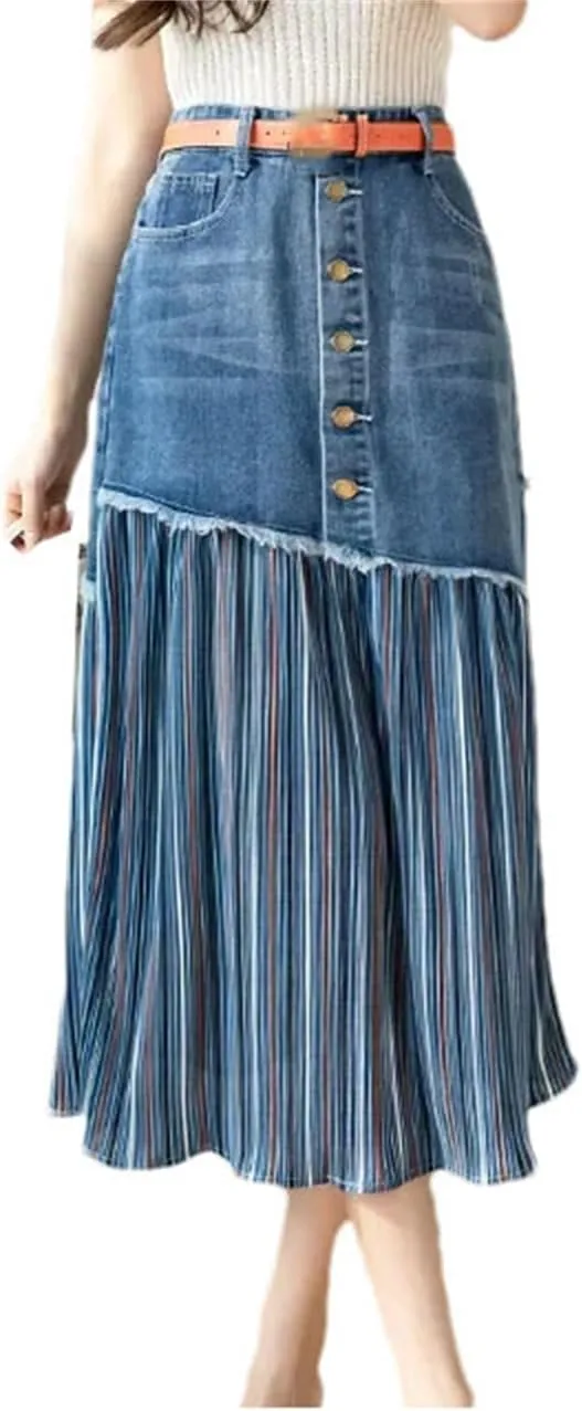 Women High Waist A-Line Denim Skirt Summer Casual Button Front Striped Pleated Midi Skirt