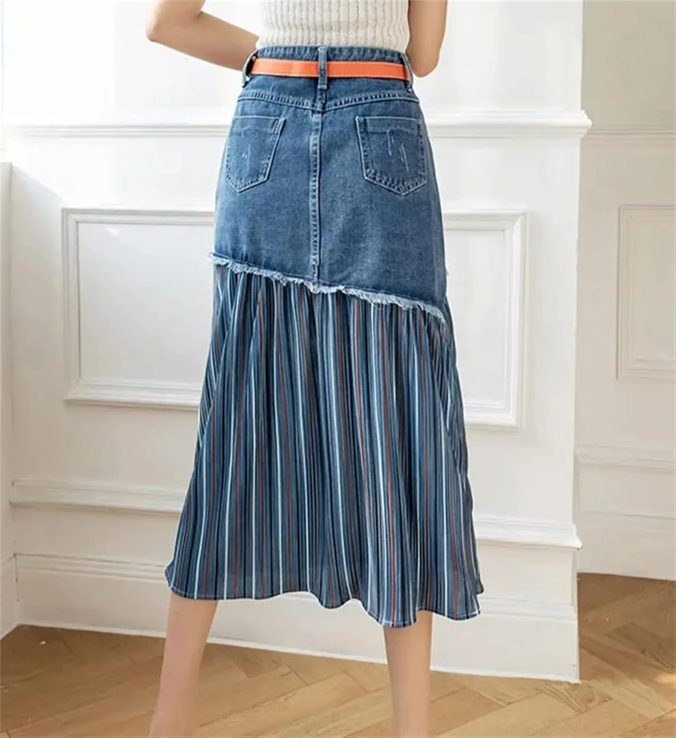 Women High Waist A-Line Denim Skirt Summer Casual Button Front Striped Pleated Midi Skirt