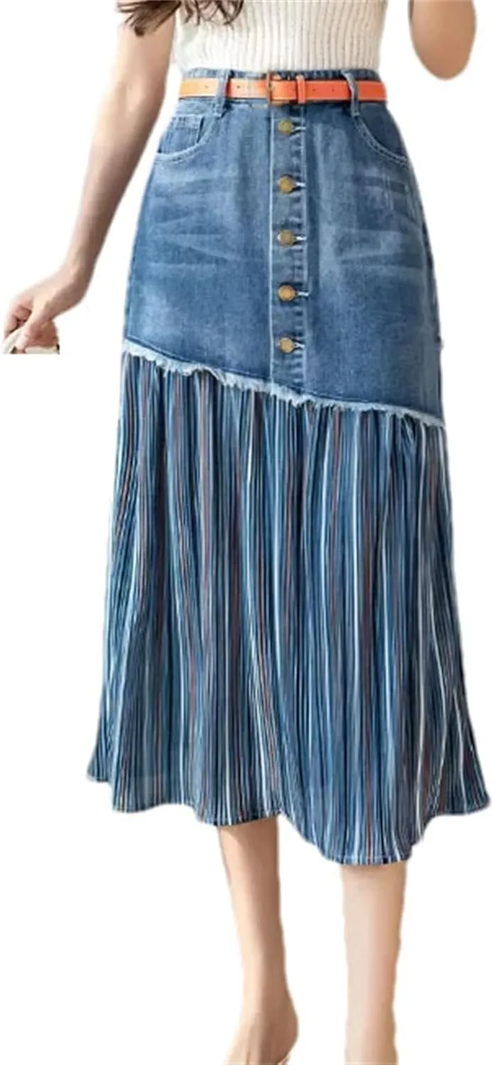 Women High Waist A-Line Denim Skirt Summer Casual Button Front Striped Pleated Midi Skirt