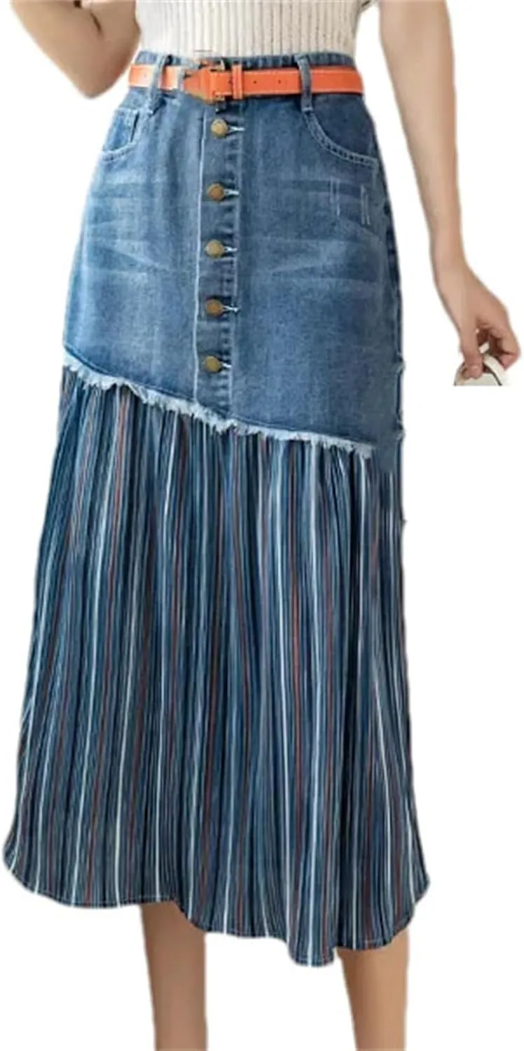 Women High Waist A-Line Denim Skirt Summer Casual Button Front Striped Pleated Midi Skirt