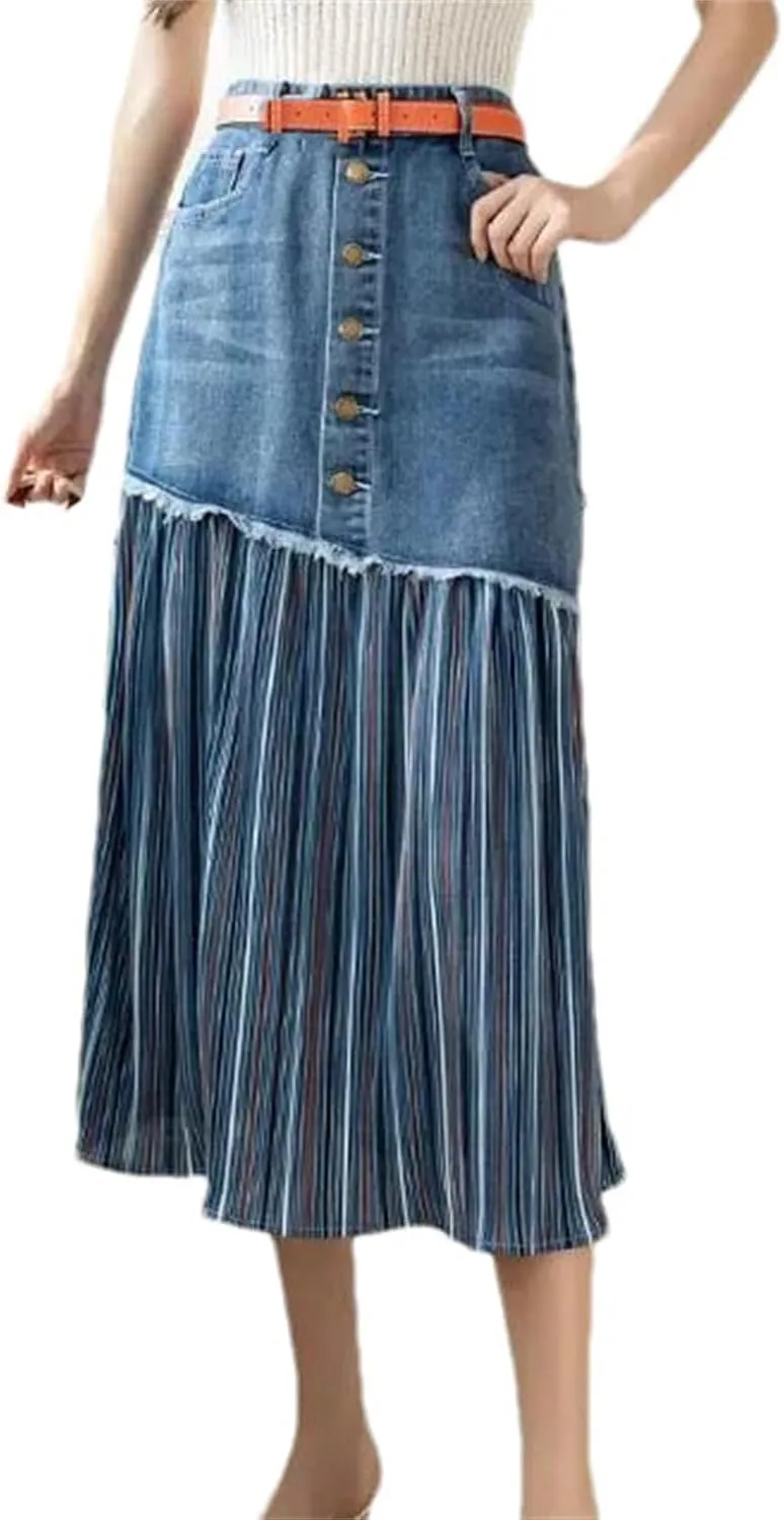 Women High Waist A-Line Denim Skirt Summer Casual Button Front Striped Pleated Midi Skirt