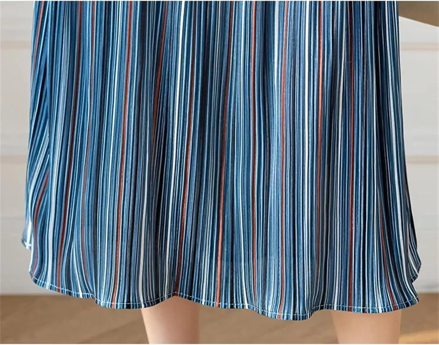 Women High Waist A-Line Denim Skirt Summer Casual Button Front Striped Pleated Midi Skirt