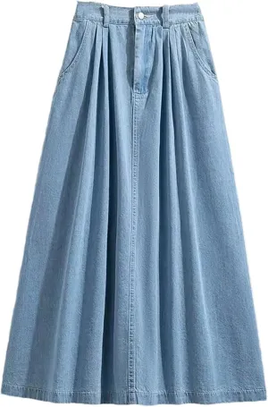 Women High Waist Long Denim Skirt Vintage Solid Casual Jean Skirts