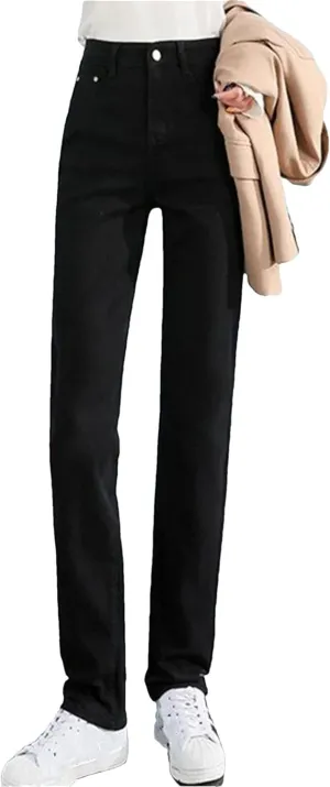 Women High Waist Slim Straight Jeans Solid Color Stretch Skinny Casual Denim Pants