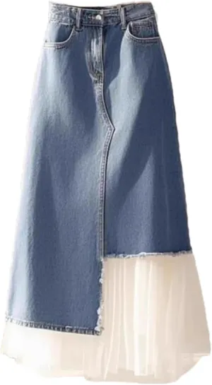 Women Hight Waist A-Line Denim Fashion Patchwork Summer Casual Midi Skirt