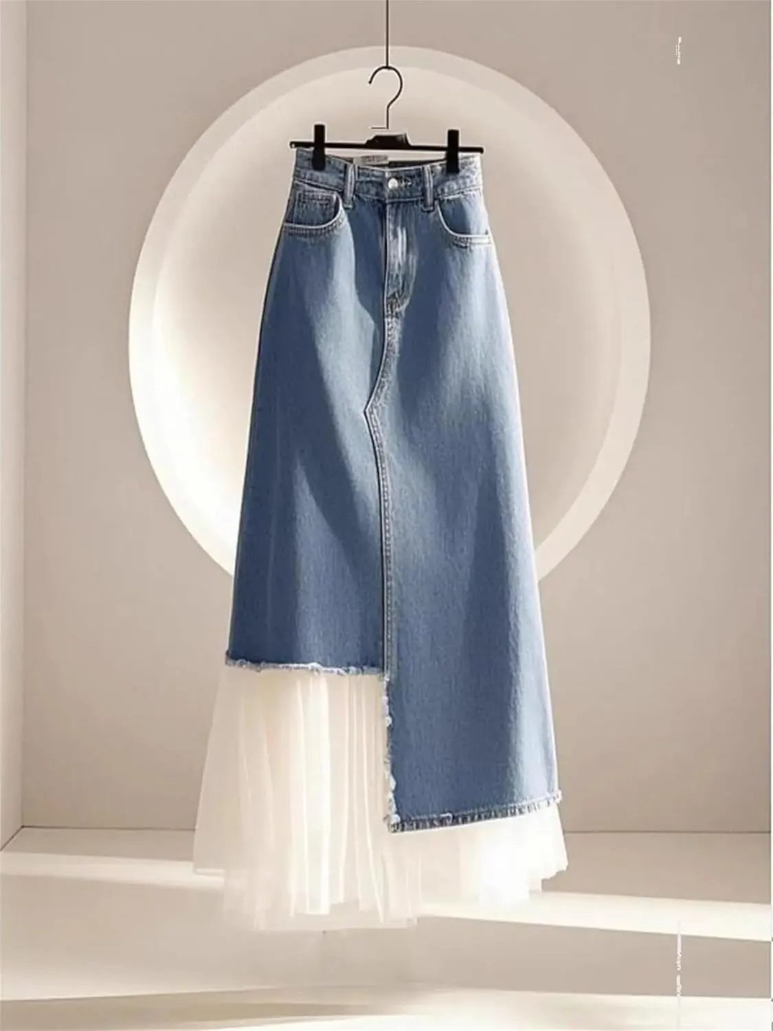 Women Hight Waist A-Line Denim Fashion Patchwork Summer Casual Midi Skirt