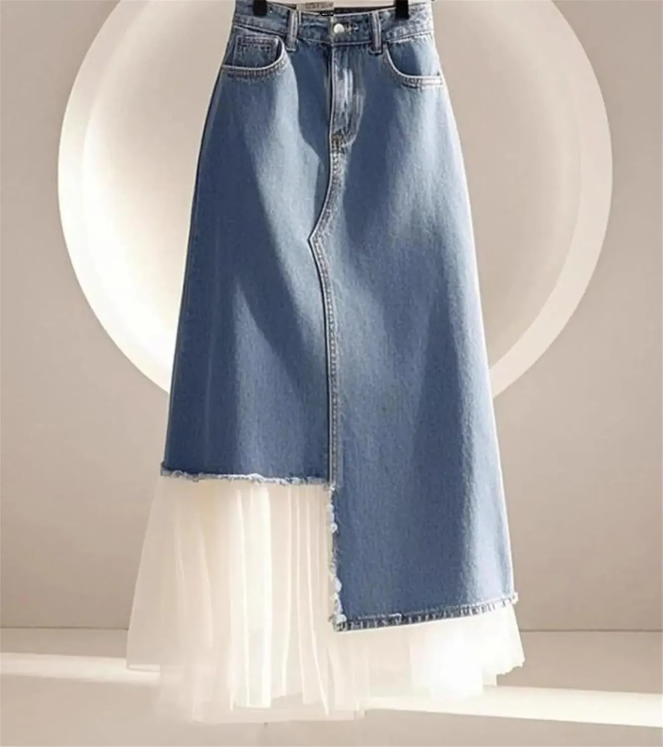 Women Hight Waist A-Line Denim Fashion Patchwork Summer Casual Midi Skirt