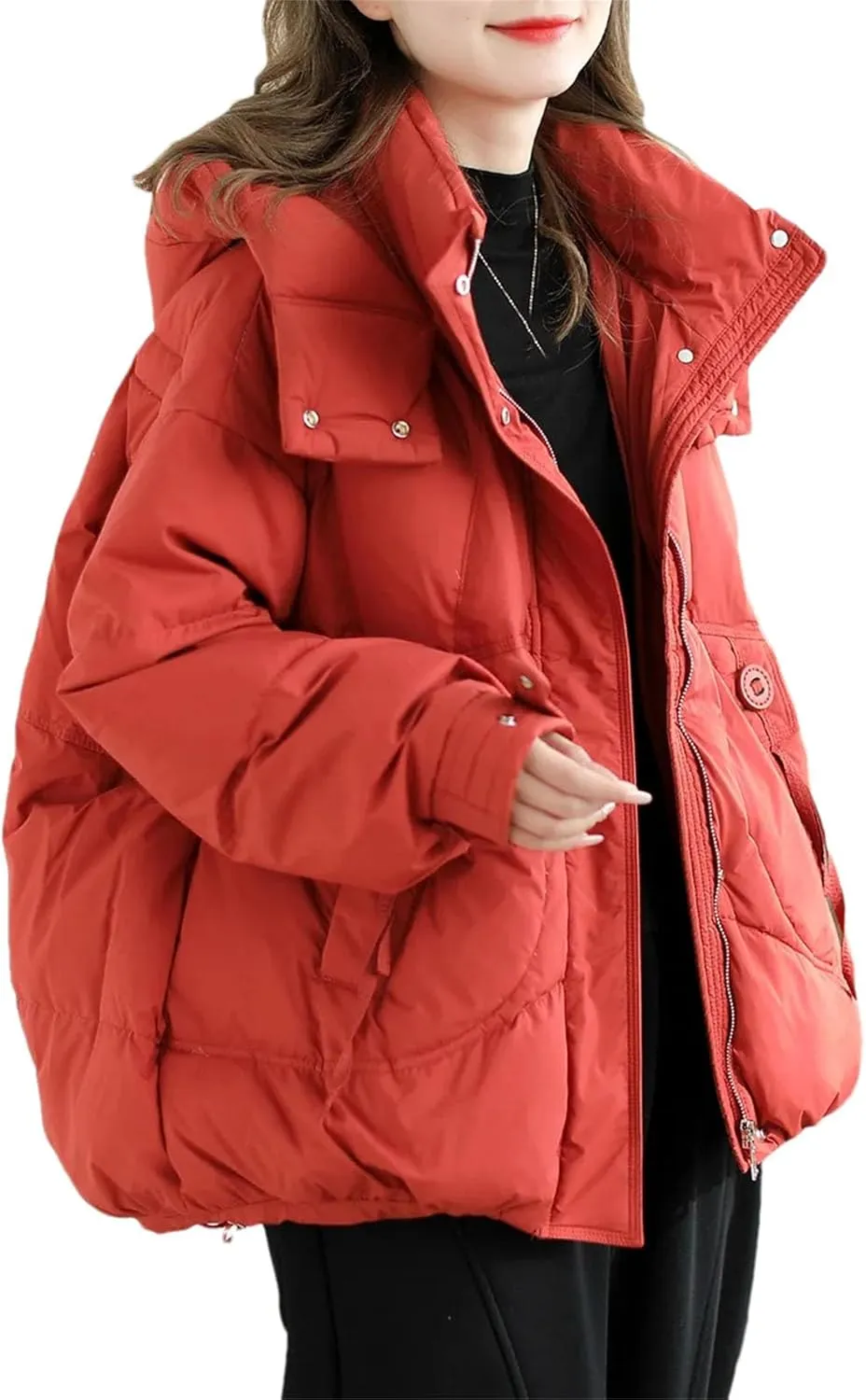 Women Hooded Stand Collar Down Jacket Zipper Loose Vintage Pockets Short Parka Coat