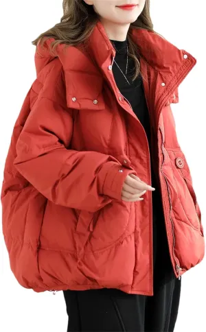 Women Hooded Stand Collar Down Jacket Zipper Loose Vintage Pockets Short Parka Coat