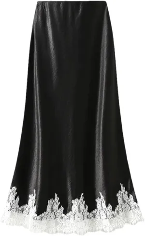Women Lace Patchwork Satin Long Skirt Summer High Waist Casual Elegant Party A-Line Skirt