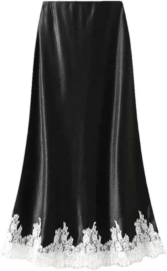 Women Lace Patchwork Satin Long Skirt Summer High Waist Casual Elegant Party A-Line Skirt