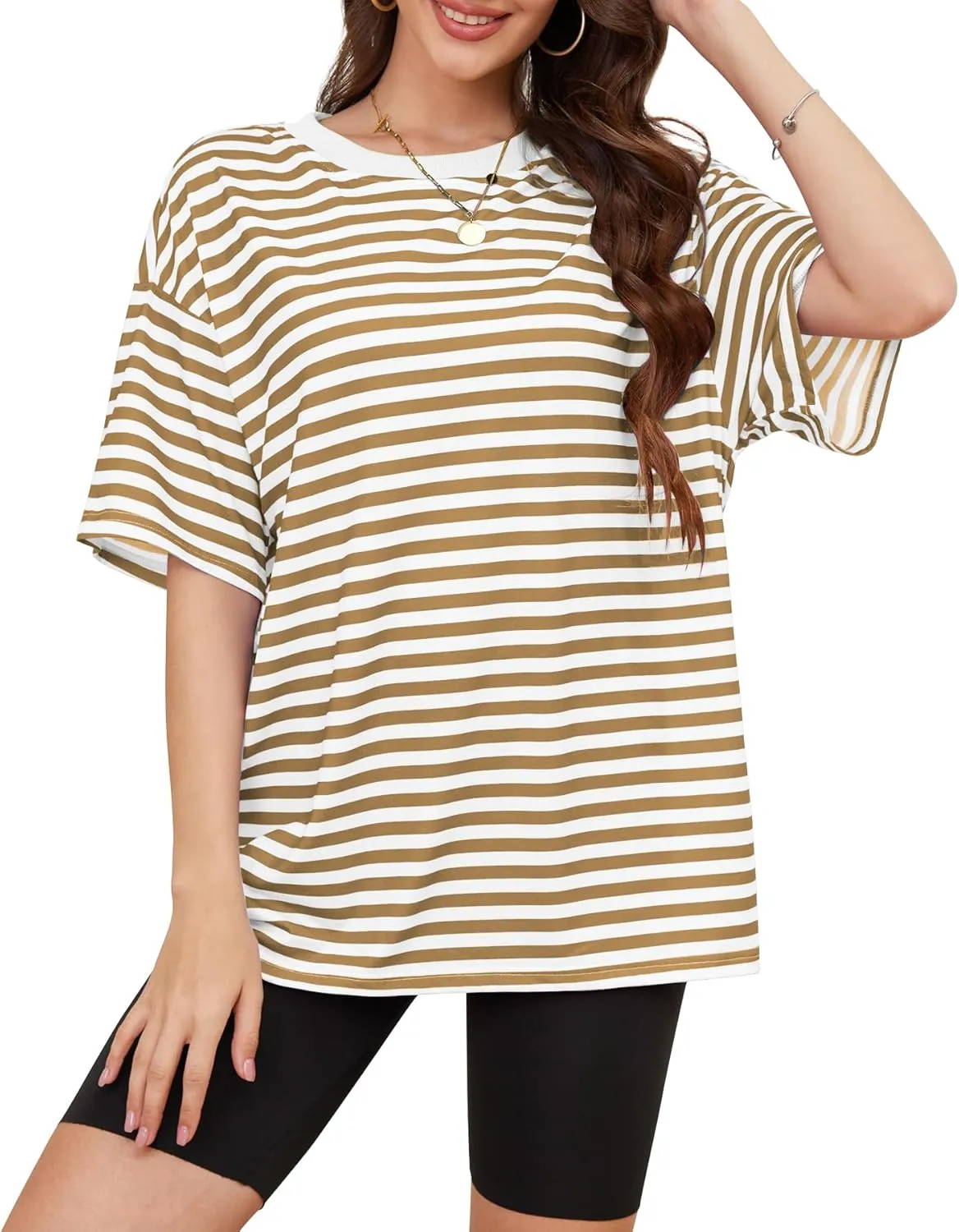 Women Oversized Striped Short Sleeve T Shirts Workout Athletic Loose Tops Crew Neck Basic Shirt Casual Top Tee