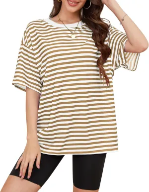 Women Oversized Striped Short Sleeve T Shirts Workout Athletic Loose Tops Crew Neck Basic Shirt Casual Top Tee