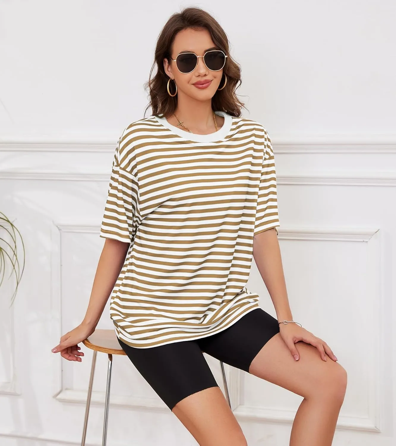 Women Oversized Striped Short Sleeve T Shirts Workout Athletic Loose Tops Crew Neck Basic Shirt Casual Top Tee