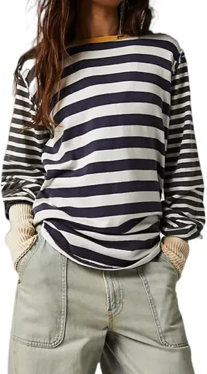 Women Oversized Striped T-Shirt Y2k Color Block Long Sleeve Crewneck Tee Patchwork Loose Fit Going Out Tops Blouse