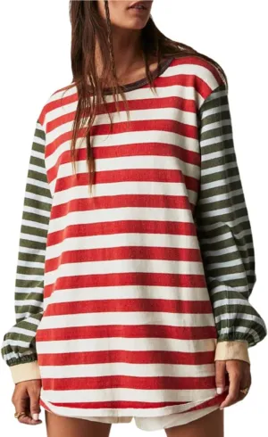 Women Oversized Striped T-Shirt Y2k Color Block Long Sleeve Crewneck Tee Patchwork Loose Fit Going Out Tops Blouse
