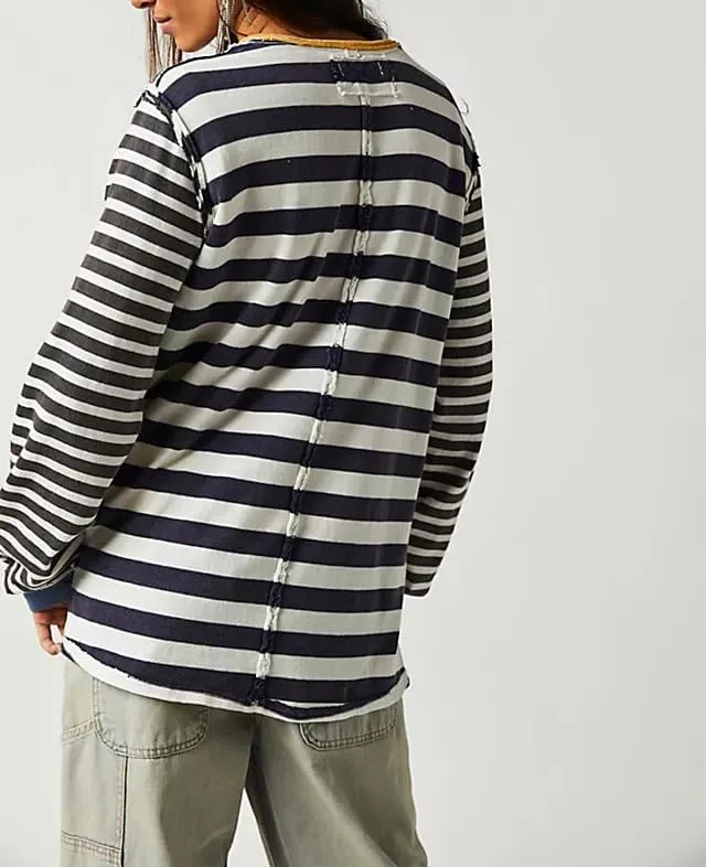 Women Oversized Striped T-Shirt Y2k Color Block Long Sleeve Crewneck Tee Patchwork Loose Fit Going Out Tops Blouse