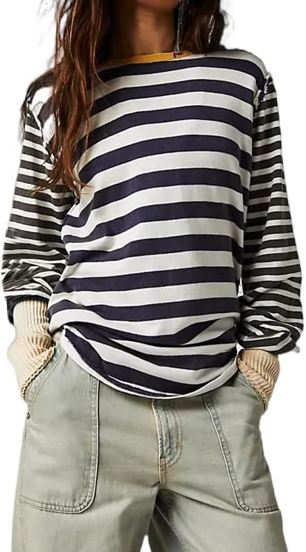 Women Oversized Striped T-Shirt Y2k Color Block Long Sleeve Crewneck Tee Patchwork Loose Fit Going Out Tops Blouse