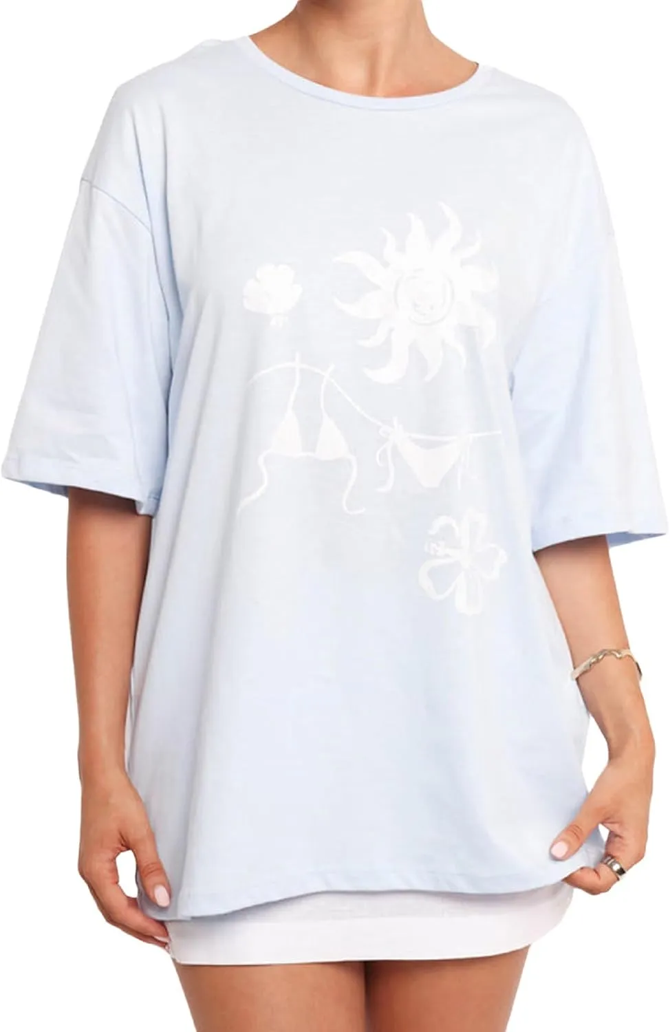 Women Oversized Y2k T-Shirt Aesthetic Graphic Short Sleeve Loose Top Summer Hibiscus Flower Crewneck Baggy Tees