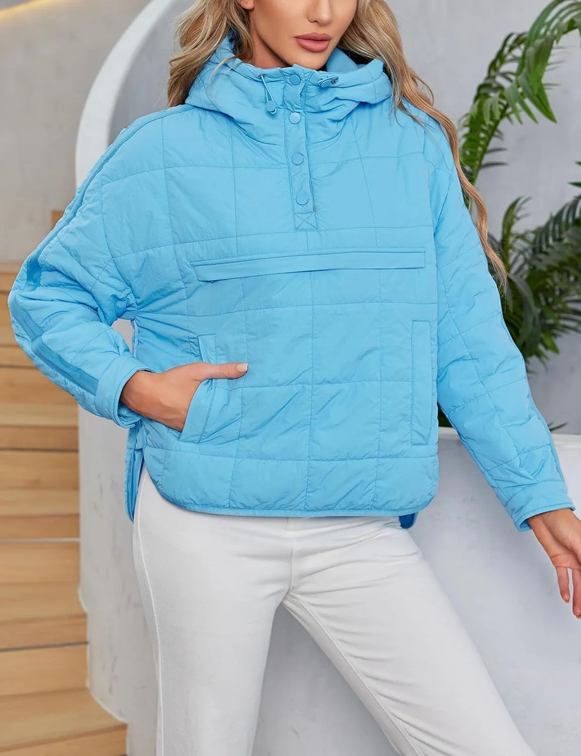 Women Packable Quilted Puffer Jacket Oversized Lightweight Pullover Coats Hooded Puffy Winter Jackets with Pockets