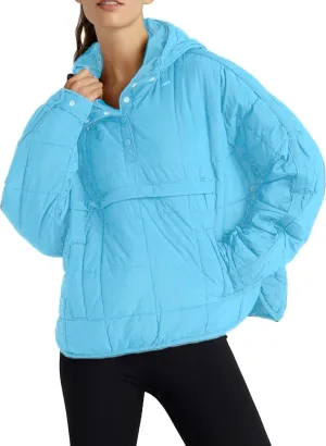 Women Packable Quilted Puffer Jacket Oversized Lightweight Pullover Coats Hooded Puffy Winter Jackets with Pockets