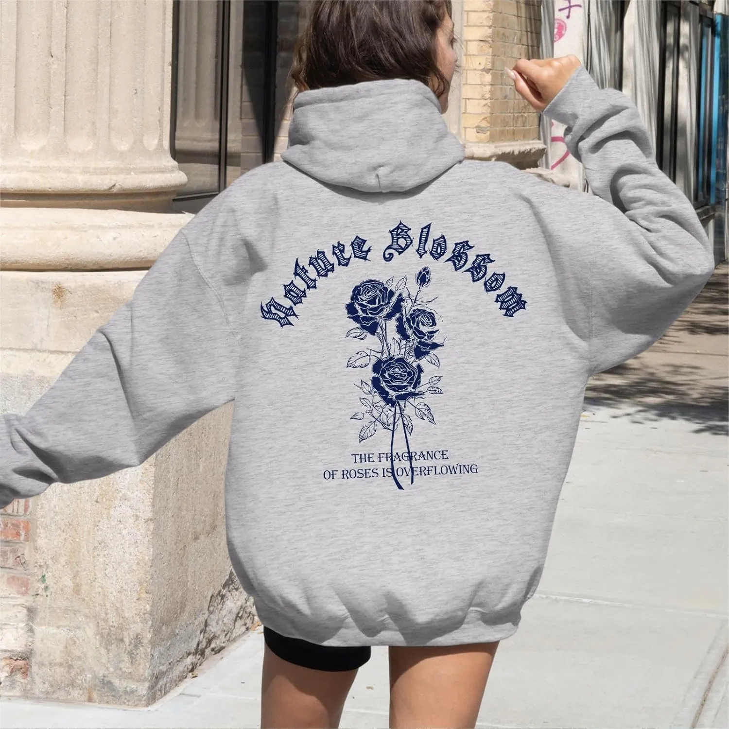 Women Rose Letter Print Hoodie Floral Graphic Vintage Aesthetic Hooded Sweatshirt Flower Fleece Casual Pullover Tops