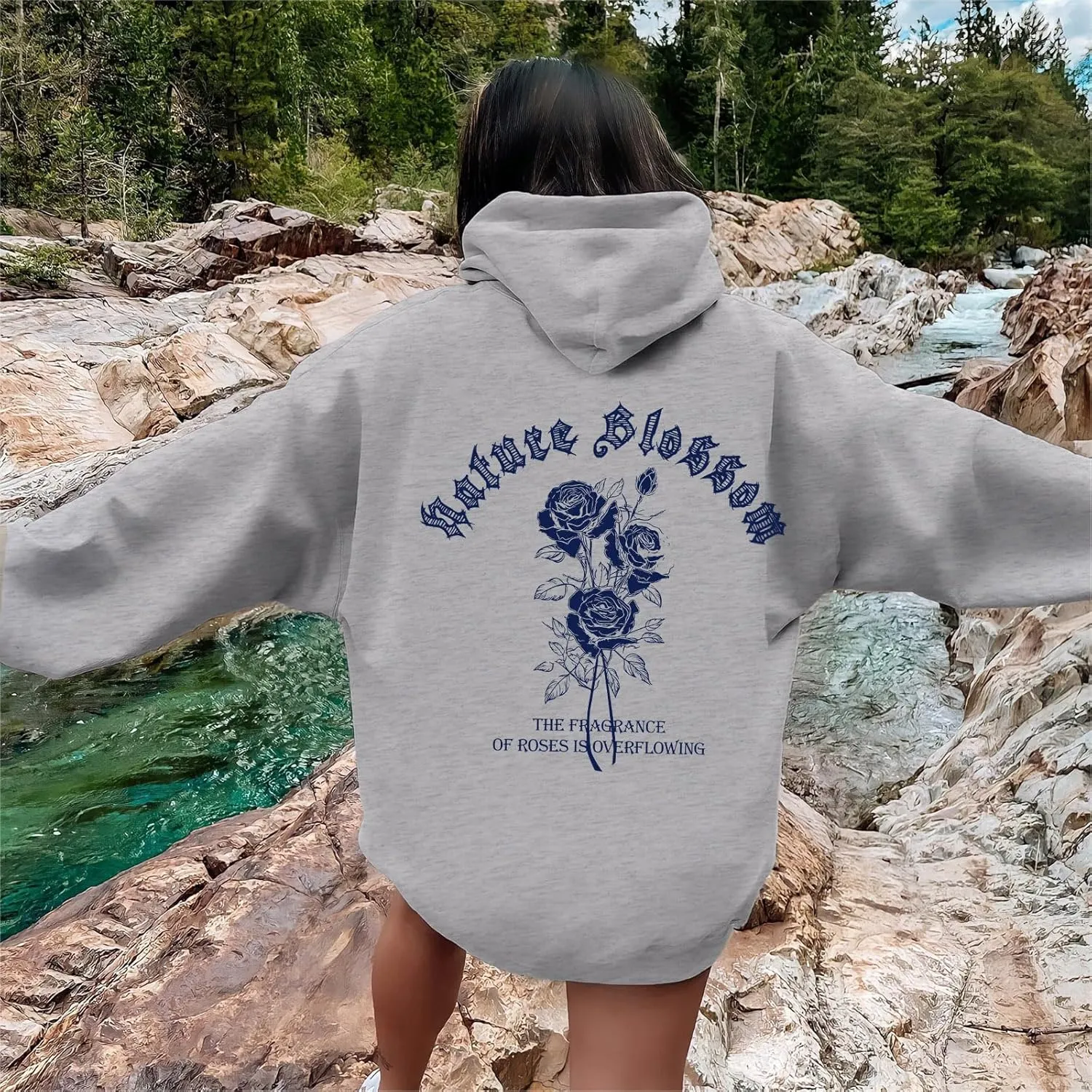 Women Rose Letter Print Hoodie Floral Graphic Vintage Aesthetic Hooded Sweatshirt Flower Fleece Casual Pullover Tops