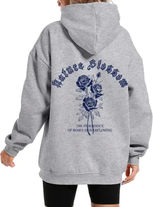 Women Rose Letter Print Hoodie Floral Graphic Vintage Aesthetic Hooded Sweatshirt Flower Fleece Casual Pullover Tops