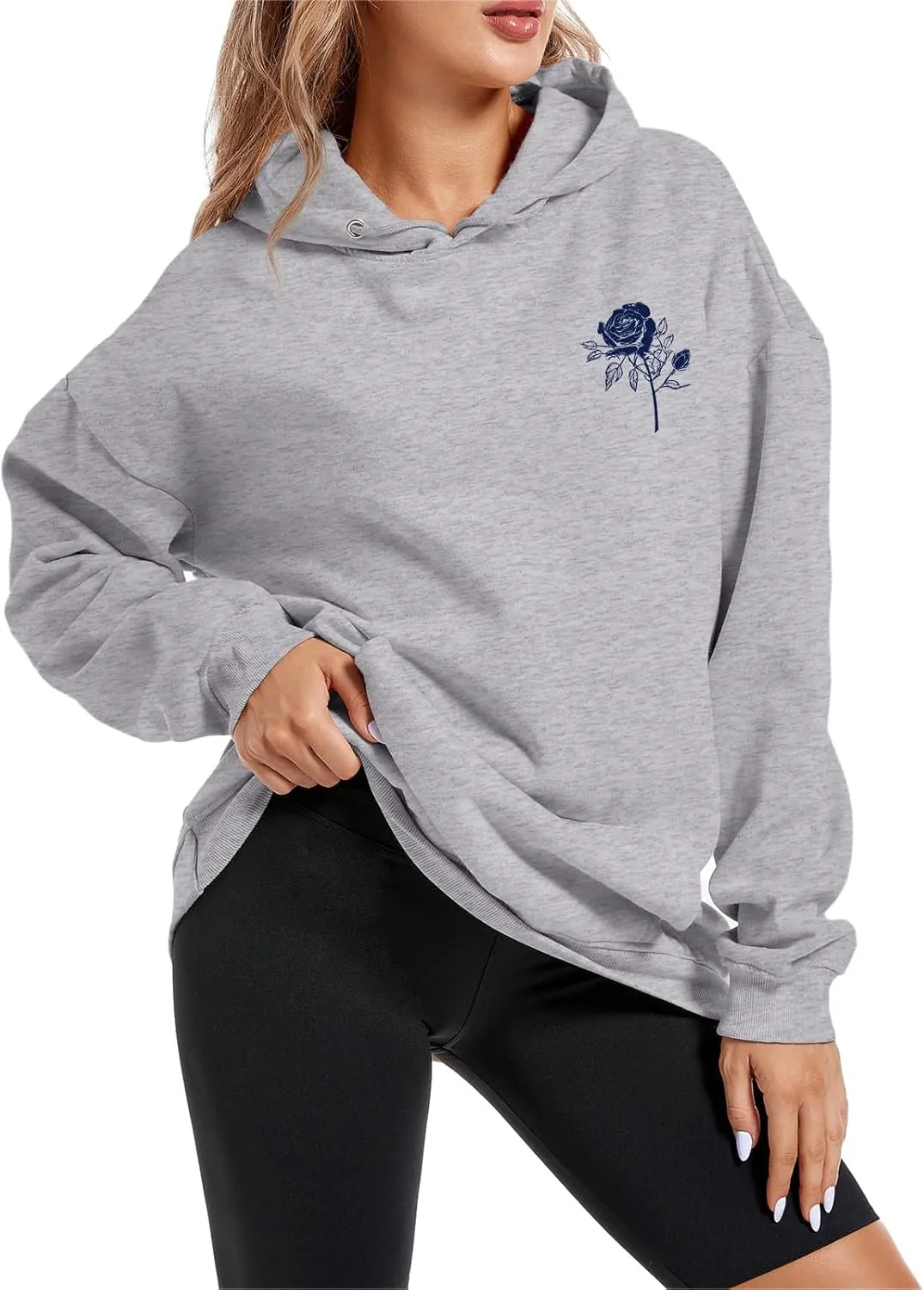 Women Rose Letter Print Hoodie Floral Graphic Vintage Aesthetic Hooded Sweatshirt Flower Fleece Casual Pullover Tops