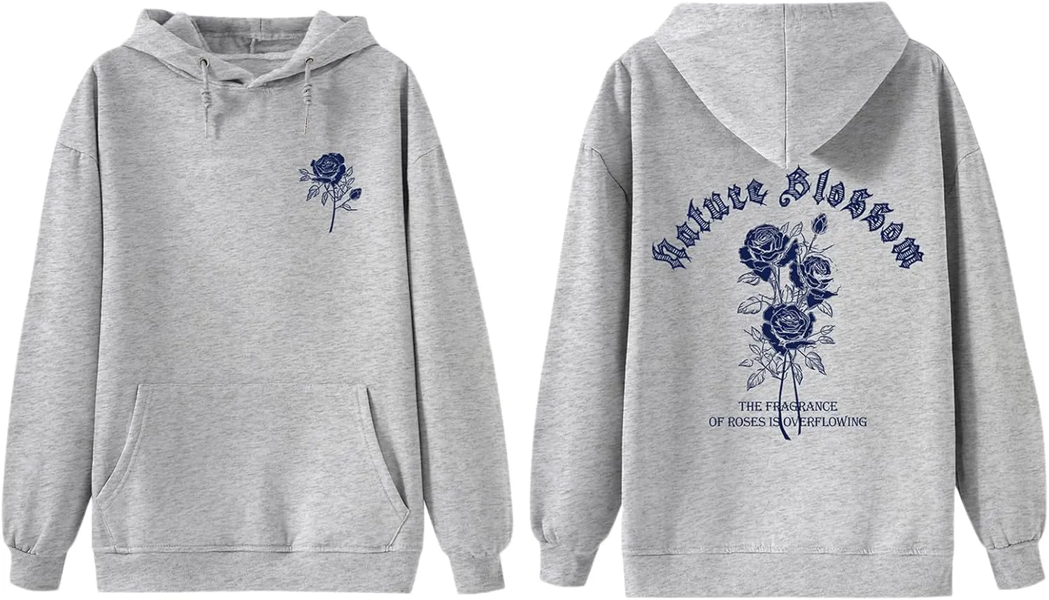Women Rose Letter Print Hoodie Floral Graphic Vintage Aesthetic Hooded Sweatshirt Flower Fleece Casual Pullover Tops