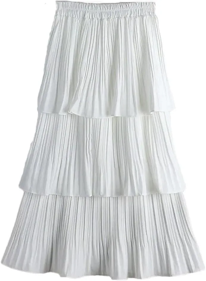Women Summer Tiered Maxi Tulle Skirt Elegant High Waist Puffy Ruffled Pleated Mesh Long Skirt